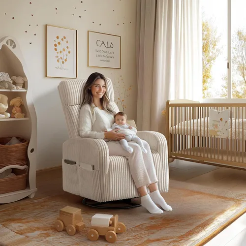 Miniatura 2 de Yaheetech Silla deslizante giratoria de 360° para cuarto de bebé, silla mecedora para amamantar con bolsillos laterales, mecedora de pana para sala