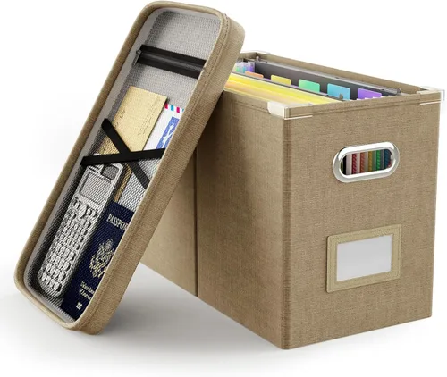 Miniatura 22 de Oterri Caja de archivos colgante con bolsillo de malla, caja organizadora de archivos con tapa, caja organizadora de documentos plegable