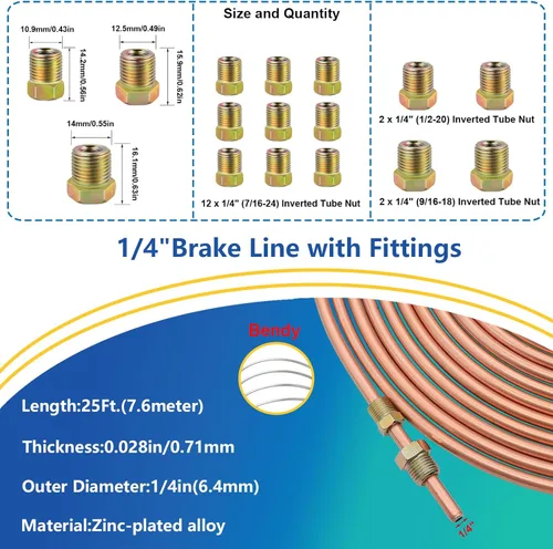 Miniatura 2 de smseace Paquete de 26 Kit de líneas de freno de 1/4 de pulgada Incluye 25 pies de líneas de freno chapadas en cobre con accesorios