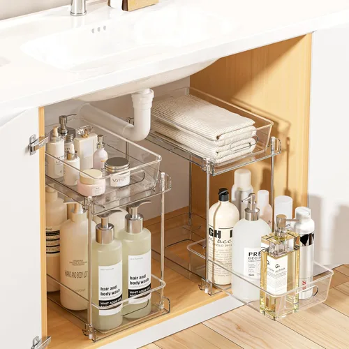 Miniatura 8 de Vtopmart - Organizadores de baño, 4 piezas, 2 niveles, transparentes, bajo el fregadero, almacenamiento para tocador o encimera, cajones