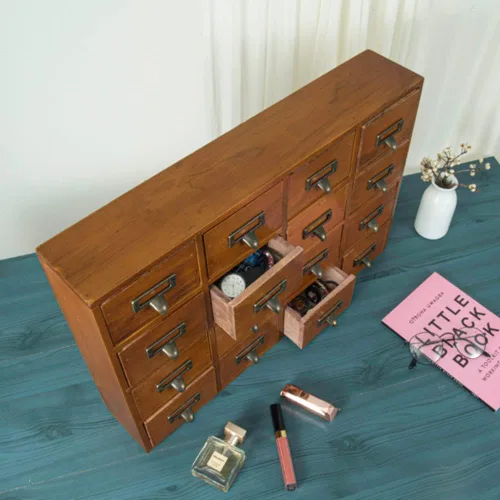 Miniatura 5 de Clóset de boticario con 16 cajones, con mesa, cofres y gabinetes de boticario de sobremesa, gabinete para catálogo de tarjetas de biblioteca, caja