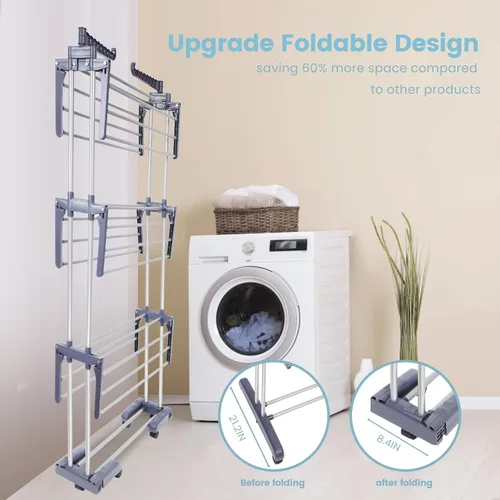Miniatura 3 de Estante de secado de ropa resistente, estante de secado de ropa plegable de 4 niveles de 70 pulgadas de alto, estante de secado independiente