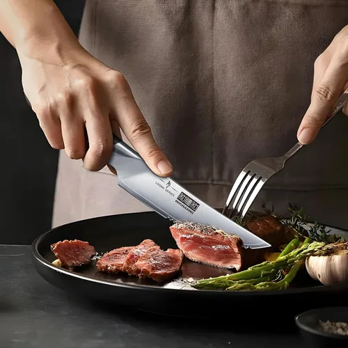 Miniatura 5 de HOSHANHO Juego de 6 cuchillos para carne, juego de cuchillos de carne ultra afilados de 4.5 pulgadas con dientes, cuchillos de cocina de acero