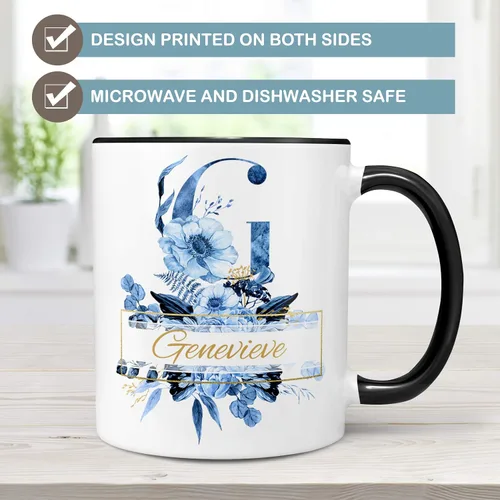 Miniatura 4 de Personalized Blue Floral Monogram Name Coffee Mug Beautiful Flowers Initial Custom Microwave Dishwasher Safe Cup