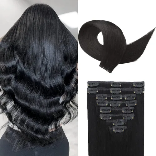 Extensiones de cabello humano con clip, de 18 pulgadas, 8 piezas, color negro azabache, extensiones de cabello humano real para mujer, extensiones