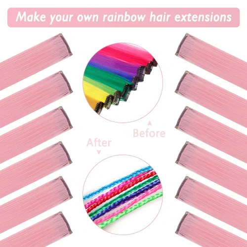Miniatura 3 de 12 extensiones de cabello sintético con clip de color de 20 pulgadas de largo, lacio, con reflejos para fiestas, para mujeres y niñas