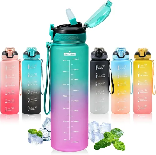 Miniatura 9 de Botella de agua deportiva con popote, botellas de agua de 32 onzas con marcador de tiempo para niños y niñas, botella de agua simple y moderna