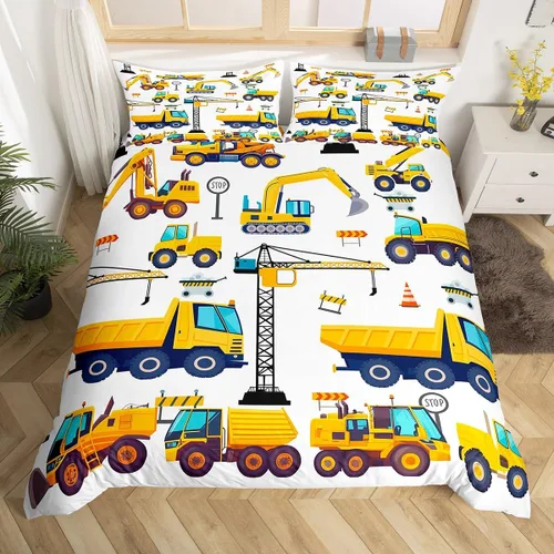 Miniatura 3 de Erosebridal Juego de ropa de cama para niños de construcción tamaño individual para niños, cubierta de edredón para camiones excavadoras, juego