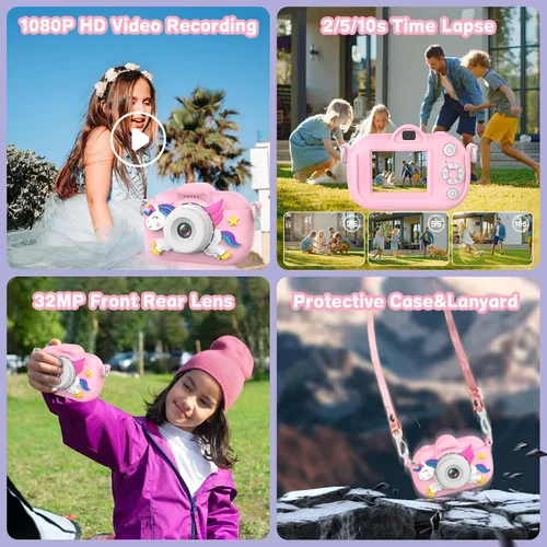 Miniatura 3 de Cámara para niños para niñas, juguetes de Navidad y cumpleaños para niñas de 3 a 12 años, cámara digital para niños con lente dual HD de 32MP