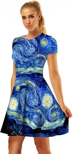 Miniatura 3 de Plustrong Vestido midi acampanado casual de manga corta con estampado 3D para mujer