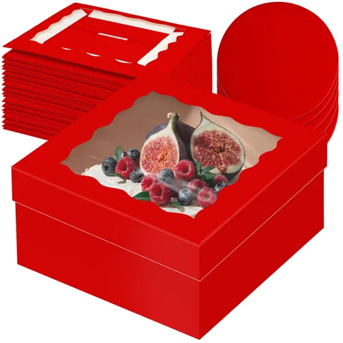 Miniatura 10 de qiqee 10x10x5 Caja para pasteles, 18 juegos de cajas para pasteles negras con ventana y 18 juegos de bases redondas negras de 10 pulgadas