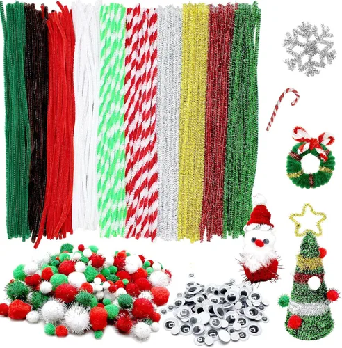 CH HAICHENG Juego de 500 limpiadores de pipas de Navidad, incluye 200 limpiadores de tubos, 200 pompones, 100 piezas de ojos de googly