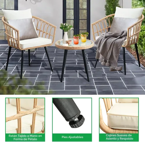 Miniatura 4 de PORWEY Juego de 3 piezas de muebles de mimbre para patio, balcón, mesa y sillas de ratán para porche, patio trasero, césped, cubierta junto a