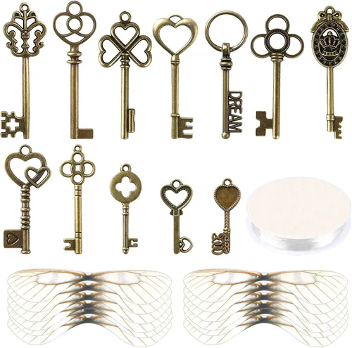 SANNIX 48 piezas de llaves de esqueleto vintage con 50 pares de alas de libélula y cuerda elástica de cristal de 30 yardas para decoración de