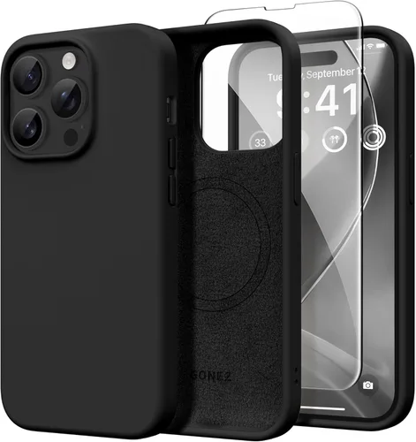 GONEZ Funda de silicona para iPhone 14 Pro Max, compatible con MagSafe, con protector de pantalla + protector de lente de cámara, silicona líquida a