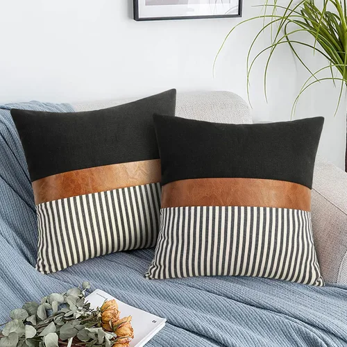 Miniatura 10 de Cygnus - Juego de 2 fundas de almohada de 16 x 16 pulgadas hechas de lino y de la unión de distintas telas con diseño de rayas para decoración Negro