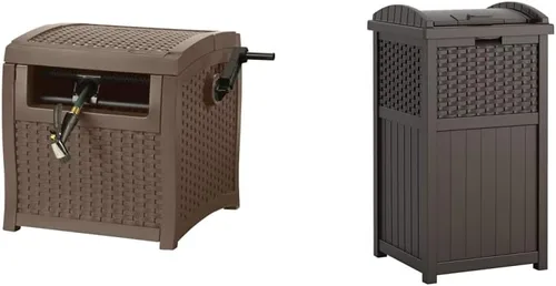 Suncast Carrete de manguera de mimbre de 225 pies y cubo de basura estilo mimbre de 33 galones