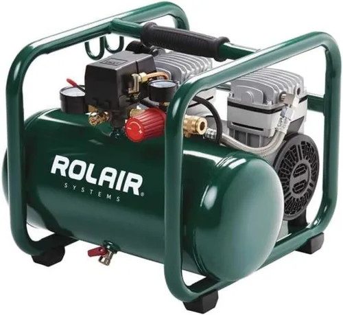 Rolair JC10 1 HP compresor de aire sin aceite con protección de sobrecarga y RPM bajas para funcionamiento silencioso.