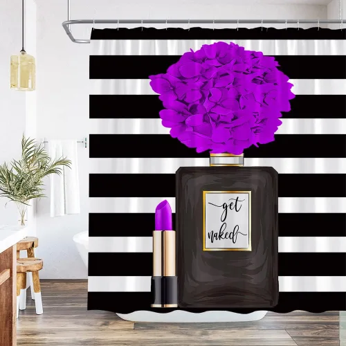 Miniatura 9 de Cortina de ducha negra con diseño de flores para niña, mujer, pintalabios, encantadora decoración de baño, juego de baño con gancho, 36 pulgadas