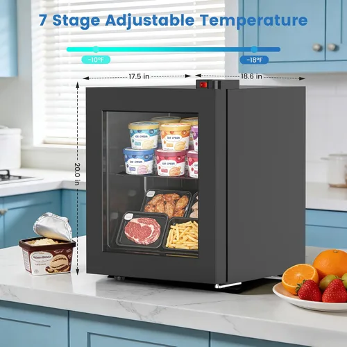 Miniatura 5 de Kndko Mini congelador de 1.2 pies cúbicos con puerta de cristal, 7 ajustes de temperatura ajustables de -10°F a -18°F, congelador pequeño vertical