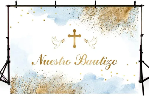 Miniatura 4 de AIBIIN Telón de fondo Mi Bautizo de 7 x 5 pies para niños Nuestro Bautizo Baby Bautizo Bautizo Fotografía Fondo Azul Acuarela Nubes Doradas Cruz Paz