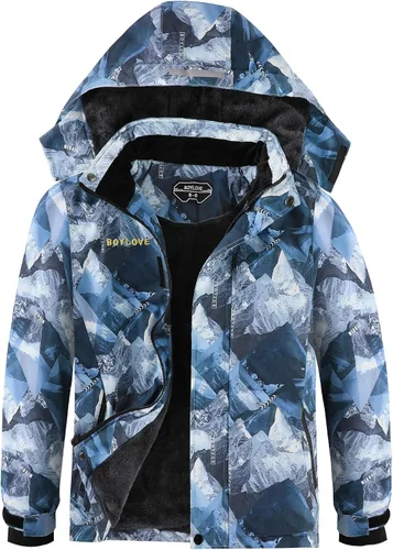 Miniatura 11 de Chaquetas de esquí para niños, impermeable, abrigo de invierno con forro polar, resistente al viento, chaqueta de snowboard con capucha desmontable
