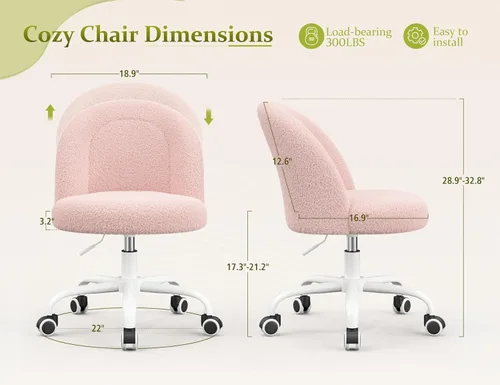 Miniatura 2 de DurayLoly Silla de tocador con ruedas, bonita silla de escritorio con respaldo, silla de oficina sin brazos ajustable en altura, soporte lumbar