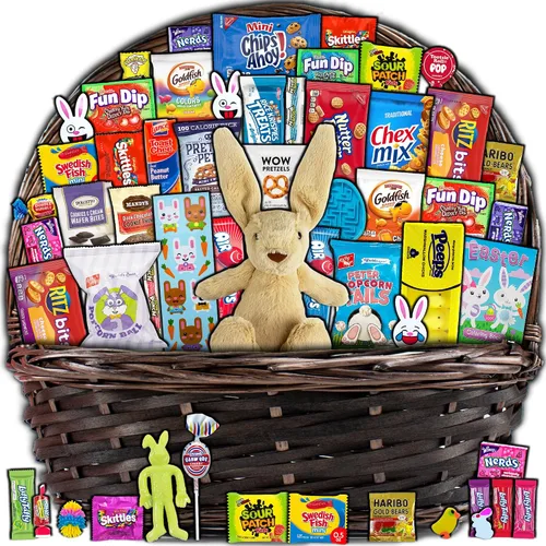 Miniatura 6 de Cesta de Pascua morada para niños y adultos (40 artículos) – Cesta de regalo llena de caramelos, bocadillos, golosinas y conejo de Pascua de peluche