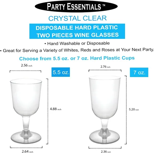 Miniatura 9 de Party Essentials Copas de vino desechables de plástico duro de dos piezas, 20 unidades, 7 onzas, transparente