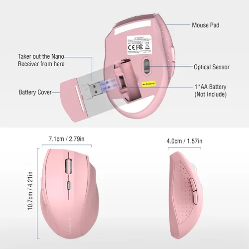 Miniatura 5 de E-YOOSO Ratón inalámbrico para portátil, ratón óptico portátil para computadora, 6 botones, inalámbrico 2.4GHz con receptor USB, 4800 DPI de 5 Rosa