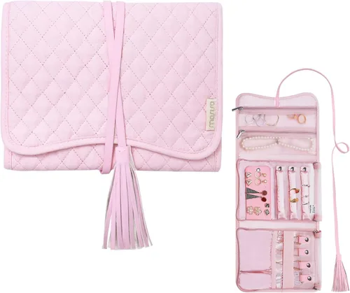 MOSISO Organizador de joyas de viaje, plegable, portátil, con borla, para collares, aretes, anillos, pulseras y transporte diario de joyas, color