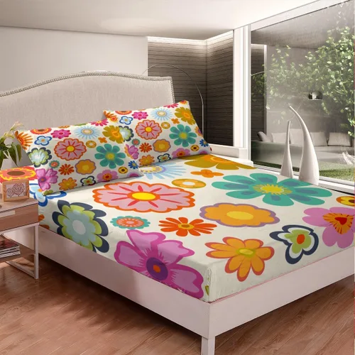 Miniatura 2 de Juego de ropa de cama de flores Groovy de los años 70, sábana bajera ajustable de flores de arco iris para niños y niñas, sábanas de ropa de cama