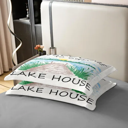 Miniatura 6 de Lake House - Funda de edredón 100 % algodón, tamaño individual, diseño de paisaje de lago y montaña, dibujado a mano, decoración de habitación