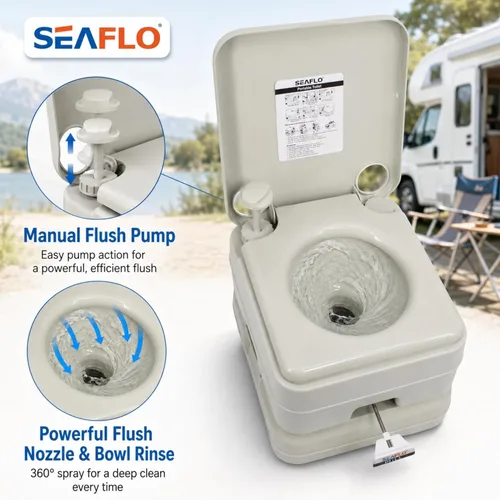 Miniatura 10 de SEAFLO Premium Camping Portable Toilet - 5.8 Gallon Waste 3.43 Gall Fresh Tank (100 Flushes), 440 lbs Max Weight, Level Indicator, Sealed Waste Tank
