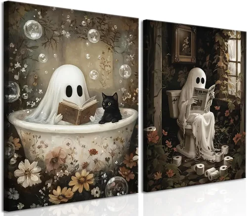 Miniatura 9 de Juego de 3 arte de pared de fantasmas de Halloween para baño, divertido gótico, decoración de pared de academia oscura, fantasma de terror y gato