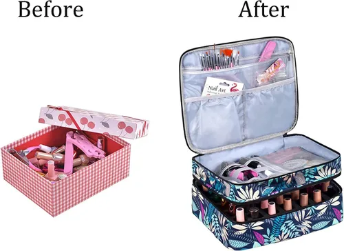 Miniatura 5 de Organizador de esmalte de uñas de doble capa, capacidad para 42 botellas, almacenamiento de esmalte de uñas con asa, estuche organizador de bolsa