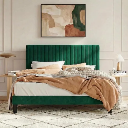 Miniatura 19 de SHA CERLIN - Base de cama tamaño Queen tapizada con plataforma y cabecera acolchada de terciopelo con canales verticales ajustables, soporte