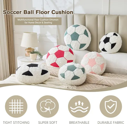 Miniatura 6 de Cojín redondo de fútbol de fútbol, suave y esponjoso, almohada decorativa de felpa para decoración de habitación (negro, 12 pulgadas)