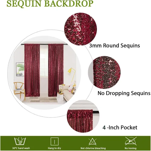 Miniatura 5 de ShinyBeauty Cortinas de Lentejuelas 2 Paneles 2ftx8ft Wine Telón de Fondo con Brillantina para Videos de YouTube Cortinas de Lentejuelas Borgoña