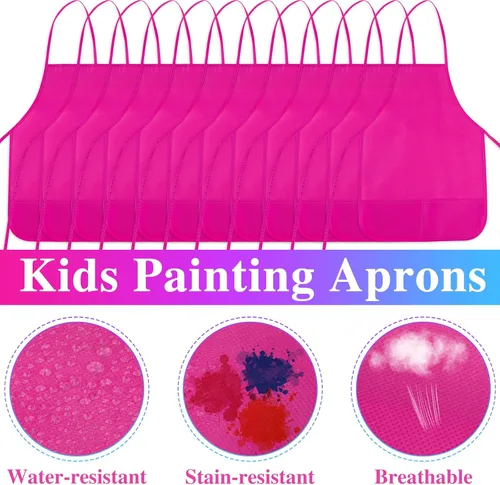 Miniatura 3 de 12 piezas de delantales para niños de color rojo rosa con 2 bolsillos amplios para arte, actividades de pintura, manualidades en la cocina Rosa Rojo