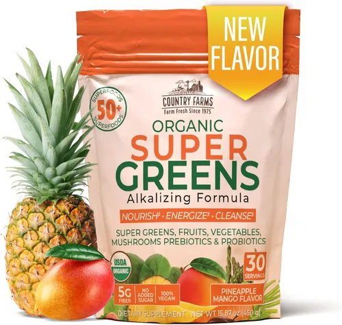 Country Farms Super Greens Sabor piña y mango, 50 súper alimentos orgánicos, mezcla de bebida orgánica USDA (pasto de trigo, espirulina, clorella),
