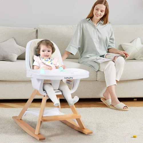 Miniatura 9 de BABY JOY Silla alta 3 en 1, silla alta convertible Baby Eat & Grow de madera, silla mecedora, asiento elevador, sillas de comedor para bebés