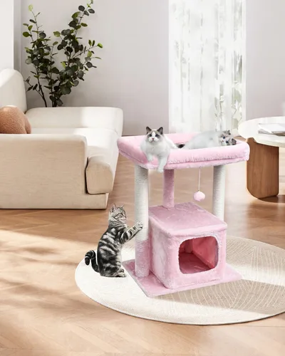 Miniatura 7 de SYANDLVY Árbol pequeño para gatos de interior para adultos grandes, torre de actividades de 27 pulgadas con postes rascadores, casa moderna con Rosa