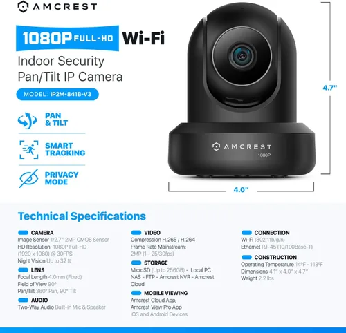 Miniatura 8 de Amcrest Paquete de 2 cámaras WiFi de 1080p para interiores, cámara de seguridad para el hogar panorámica/inclinación de 2 MP, seguimiento Negro
