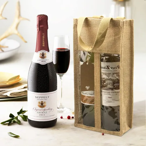 Miniatura 7 de 1 paquete de bolsas de regalo de vino de arpillera con dos ventanas, doble ventana, dos botellas, bolsa de yute de arpillera para botellas de vino