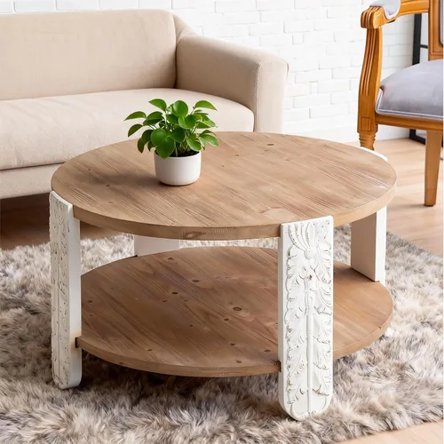 Miniatura 17 de KEVINSPACE Mesa de centro redonda de 35.43 pulgadas para sala de estar, pedestal de madera redonda, mesa de centro para sala, mesa de centro