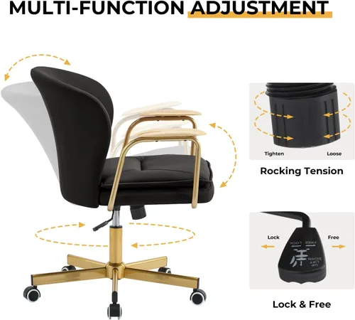 Miniatura 5 de Furniliving Sillas de oficina de cuero, silla de oficina dorada, silla giratoria ajustable para computadora con patas doradas y reposabrazos