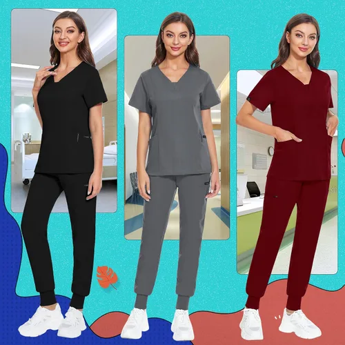 Miniatura 21 de VIAOLI Conjunto de ropa quirúrgica para mujer, camiseta con cuello en V y pantalones médicos tipo cargo para mujer, 10 bolsillos