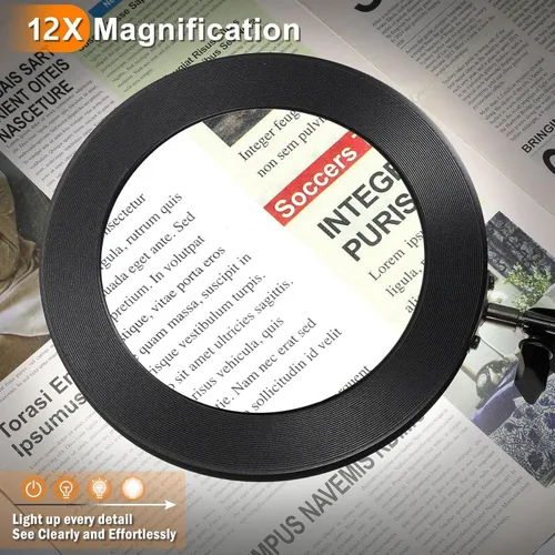 Miniatura 2 de Lupa grande de 12X con luz, lupa iluminada con soporte de cristal real de 5 pulgadas, 3 modos de color, lámpara de escritorio con lupa LED regulable