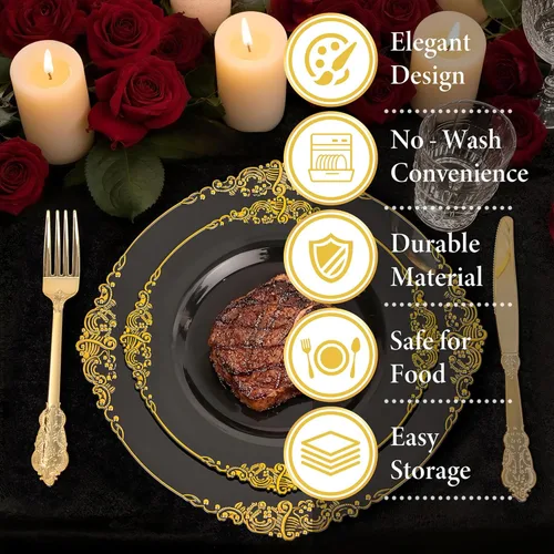 Miniatura 8 de Nervure 100 platos de plástico negro y dorado, platos desechables negros de 10.25 pulgadas, platos llanos de plástico negro para bodas, fiestas